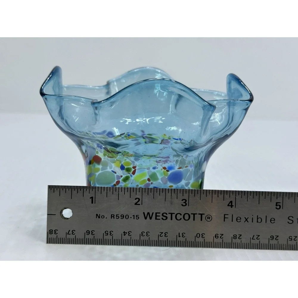 Slow Burn Glass Signed Dated 2022 Hand Blown Blue Multi Color Fluted Vase 3.5